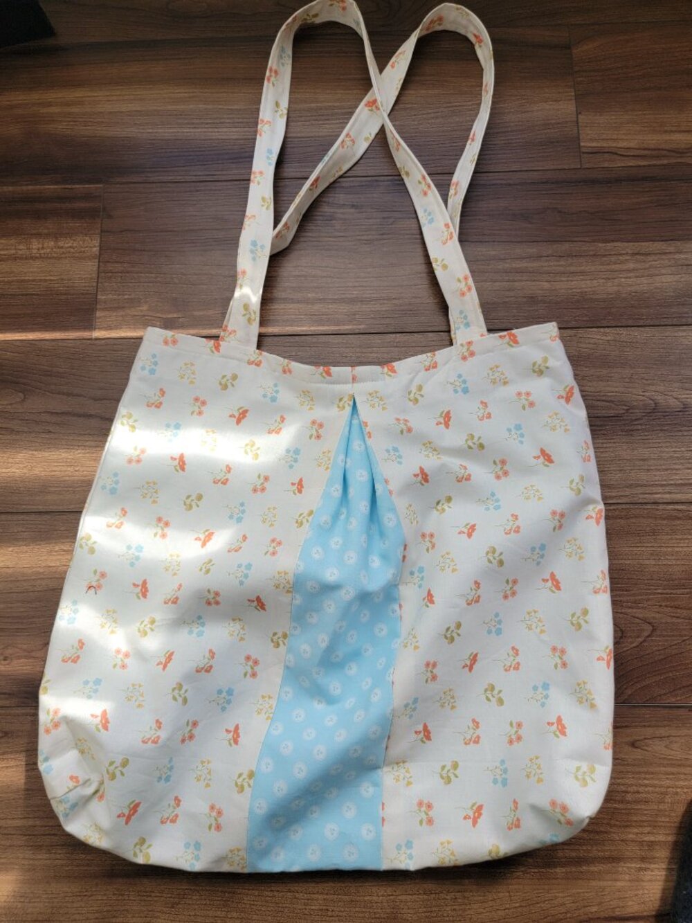 NEW handmade tote/market bag pleated contrasting fabric lined; blue orange flora - Picture 2 of 9